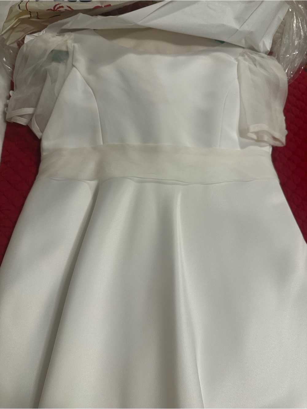 Girls White Satin Party Dress with Sheer Sleeve Detail
